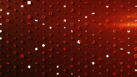 Wall of glowing red abstract symbols. Modern technology or science fiction concept. 3D render