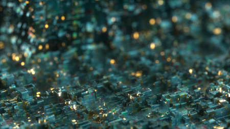 Futuristic technology circuit with illuminating blocks. Teal and orange design. 3D render...