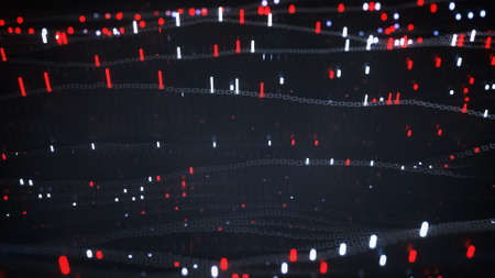 Futuristic matrix of glowing red cubes. Digital data transfer or quantum computer concept. 3D renderingの写真素材