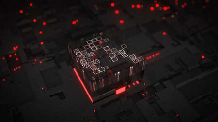 Red central processing unit is decoding data. Computer science fiction concept. 3D rendering...