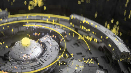 Rotating sci-fi machinery with glowing yellow LEDs. Technical or mechanical futuristic concept. 3D...
