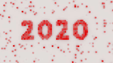 Red text 2020 in pixel art. Happy New year greetings. 3D render illustrationの写真素材