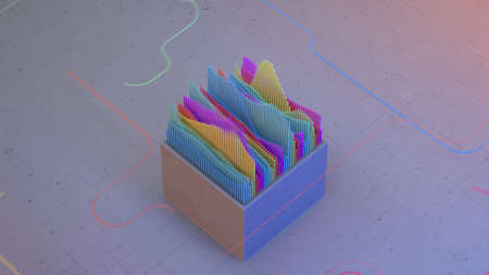 Futuristic spectrum analyzer shows amplitude of waves. Digital data precessing concept. 3D rendering...