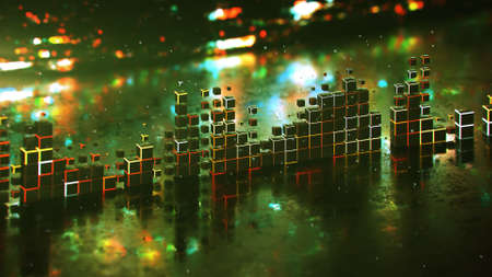Glowing Level meter music equalizer and glitching background. Futuristic technology design. 3D...