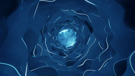 Flight trough blue cosmic tunnel. Futuristic technologies or sci-fi design. 3D rendering illustration with depth of field
の写真素材