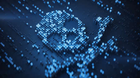Blue digital Jolly Roger symbol. Internet scams or piracy concept. 3D rendering illustration with...