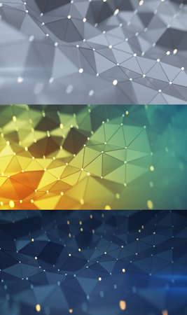 Chaotic network structure with bokeh lights. Set of 3D render illustrations