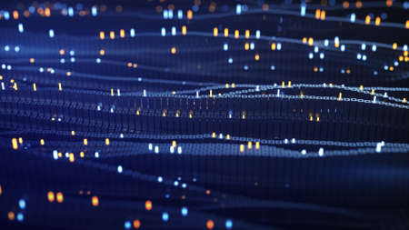 Blue cubic matrix of big data flow. Array of glowing cubes. Futuristic technology concept. 3D...