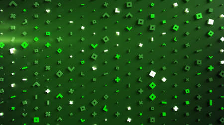 Wall of abstract glowing green symbols. Modern technology or science fiction concept. 3D renderの写真素材