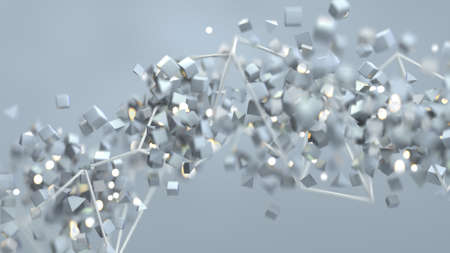 White geometric objects are floating spirally. Computer generated abstract design. 3D render with...