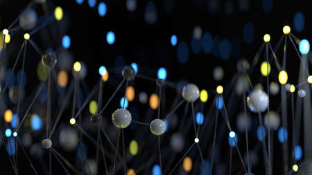 Mesh of linked spheres closeup. Science fiction concept. 3D render