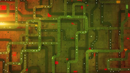 High tech electronics green and red board. Abstract technical design. 3D rendering