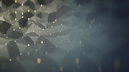 Futuristic plexus shape with lines triangular polygons and glowing spheres. 3D rendering with shallow depth of fieldの写真素材