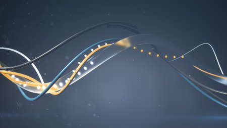 Gray and yellow curved lines are twisting. 3D rendering with depth of field