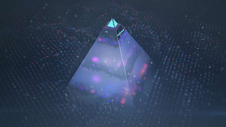 Hi-tech pyramid and scanning of waveform in fog with particles. Futuristic or science fiction...