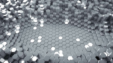 White abstract background with glowing hexagons. Futuristic technology honeycomb structure. 3D render
の写真素材