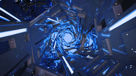 Black sci-fi passageway with blue fluorescent lights. Futuristic interior corridor. 3D render with...