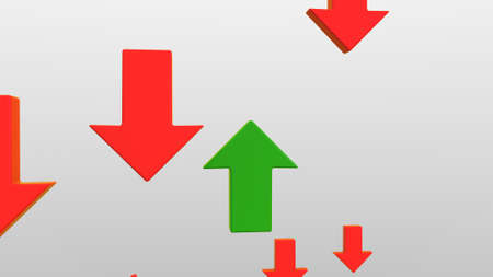 Green arrow goes up against downward trend. 3D render illustrationの写真素材