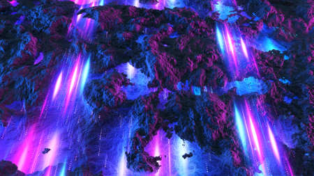 Sci-fi cosmic landscape with neon light. Synthwave electro style visualisation. 3D render