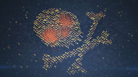 Skull and crossbones made from numbers. Malicious computer code or hacking concept. 3D rendering...