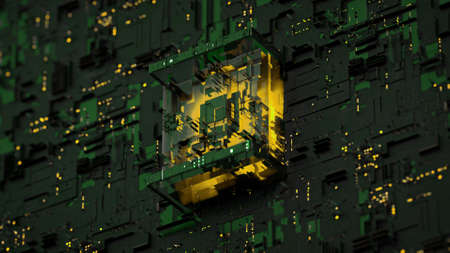 Futuristic micro chip on PCB. Computer science or information technology design. 3D render...