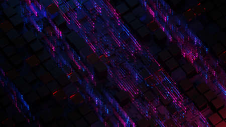 Data transfer in virtual network. Neon blue pink light trails. Futuristic technologies design. 3D...