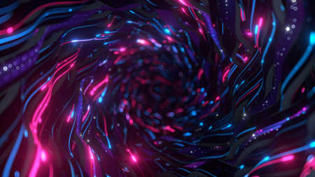 Blue pink neon wormhole. Synthwave atyled abstract background. 3D render illustration