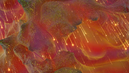 Iridescent rocky surface and light trails. 3D rendering illustration