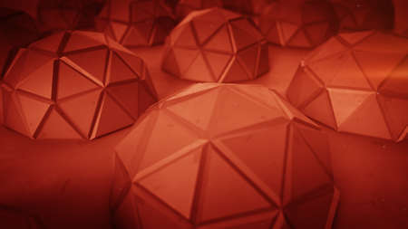 Array of red futuristic shapes. Abstract modern technology or science fiction concept. 3D render of low poly hemispheres. Rendered with depth of fieldの写真素材