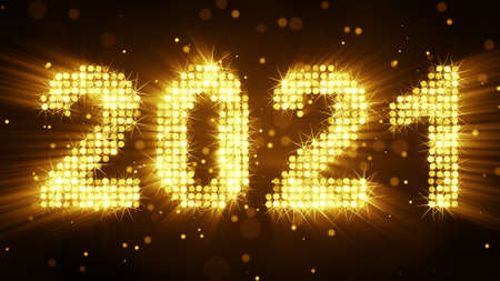 New year 2021 greetings glow yellow particles. 3D render illustrationの写真素材