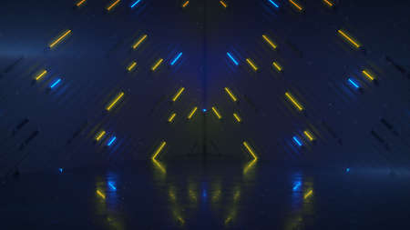 Room with glowing blue and yellow neon tubes. Computer generated abstract 3D rendering