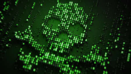 Skull shape of glowing green pixels. Internet pirate and online security concept. Computer generated...