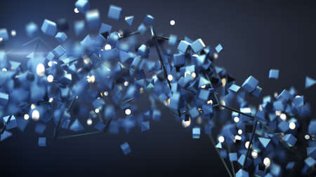 Dark blue geometric objects are flying. Abstract computer generated graphic. 3D render illustrationの写真素材