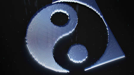 Yin Yang symbol made of pixels. 3D render illustration