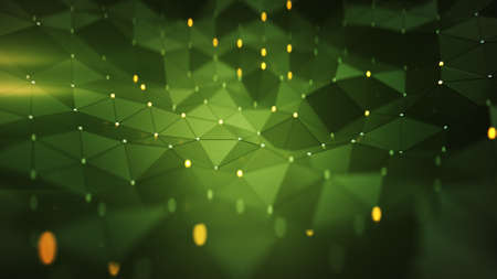 Green cybernetic structure with triangular polygons and glowing nodes. Abstract technology...