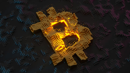 Bitcoin digital cryptocurrency pixelated symbol. 3D render animationの写真素材