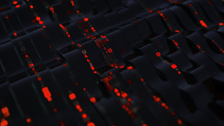Red hexadecimal code on wavy flexible displays. Futuristic information technology concept. Computer generated 3D render with DOFの写真素材