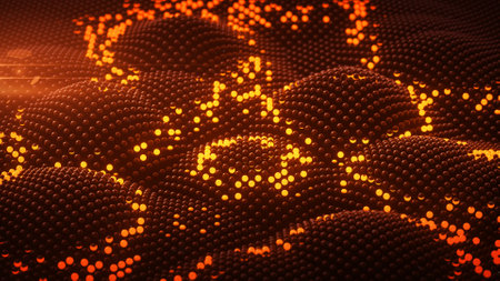 Shockwave on surface of orange glowing spheres. Science fiction microworld concept. 3D rendering illustration with DOFの写真素材