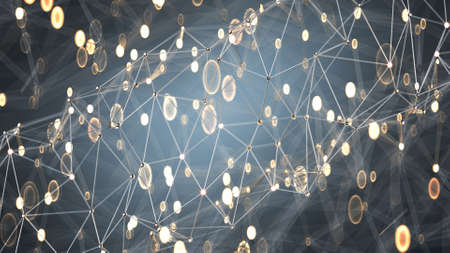 Blockchain network visualization. Abstract connected glowing spheres. 3D render