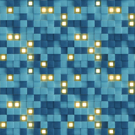 Seamless pattern of blue concrete and yellow illuminating cubes. Computer generated tillable...