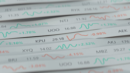 Stock market fictional tickers. Closeup shot. 3D render
