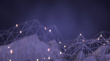 Low poly mesh with glowing spheres. Connection and networking concept. 3D render