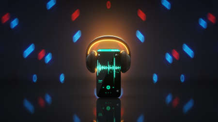 Mobile phone with headphones is dancing. 3D renderの写真素材