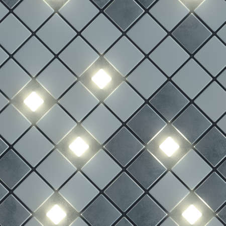 Seamless pattern of gray concrete and illuminating cubes. Computer generated tileable background....