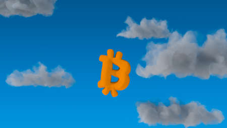 Bitcoin flies up in sky with clouds. Cryptocurrency bull market metaphor. 3D renderの写真素材