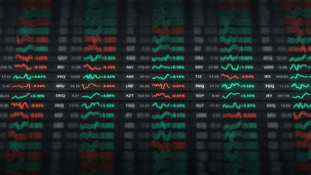 Fictional stock exchange tickers. Modern finance background. 3D renderの写真素材