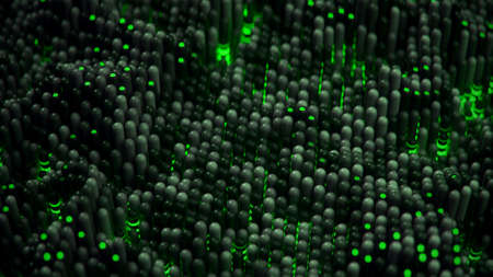 Ripple waving glowing green capsules. Closeup shot with DOF. 3D renderの写真素材