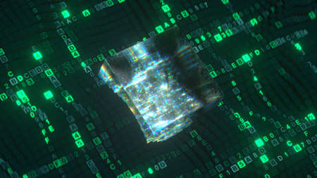 Green hexadecimal computer code and glitching glass cube. Digital datum analysis or transferring...