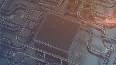 Technical plate with specular tubes. 3D render with DOF