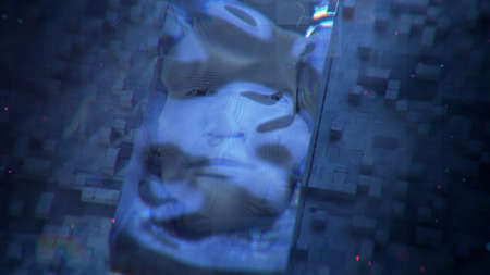 Futuristic surface with cubes and glowing squares. Modern background. 3D render